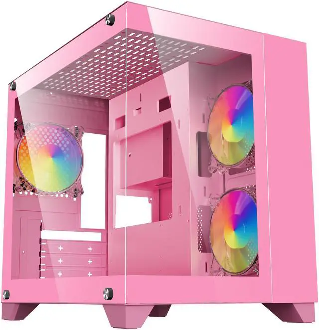 Main image of DIYPC ARGB-Q1.V2-P Pink USB3.0 Tempered Glass Micro ATX Gaming Computer Case w/ Dual Tempered Glass Panel and 3 x ARGB 120mm Fans (Pre-Installed)