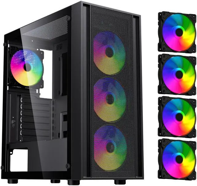 Main image of DIYPC DIY-S03-ARGB Black USB3.0 Steel/ Tempered Glass ATX Mid Tower Gaming Computer Case w/Tempered Glass Panel and 4 x 120mm ARGB Fans (Pre-Installed)