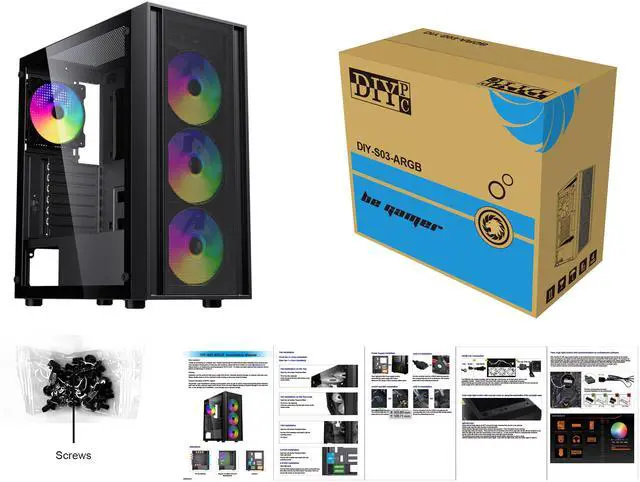 Alt view image 6 of 6 - DIYPC DIY-S03-ARGB Black USB3.0 Steel/ Tempered Glass ATX Mid Tower Gaming Computer Case w/Tempered Glass Panel and 4 x 120mm ARGB Fans (Pre-Installed)