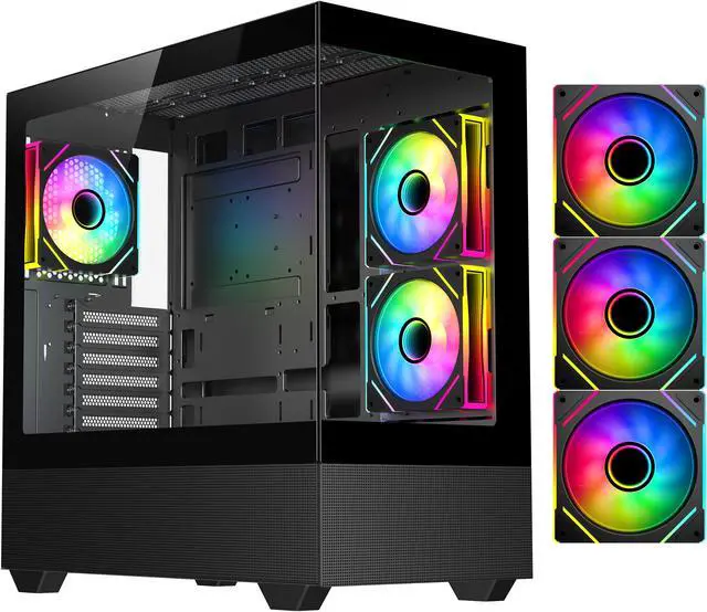 Main image of DIYPC ARGB-N5-BK Black USB3.0 / Type C ATX Mid Tower Gaming Computer Case w/2 x Tempered Glass Side Panel and 3 x ARGB PWM Fans Pre-Installed, Support BTF Back Plug MB
