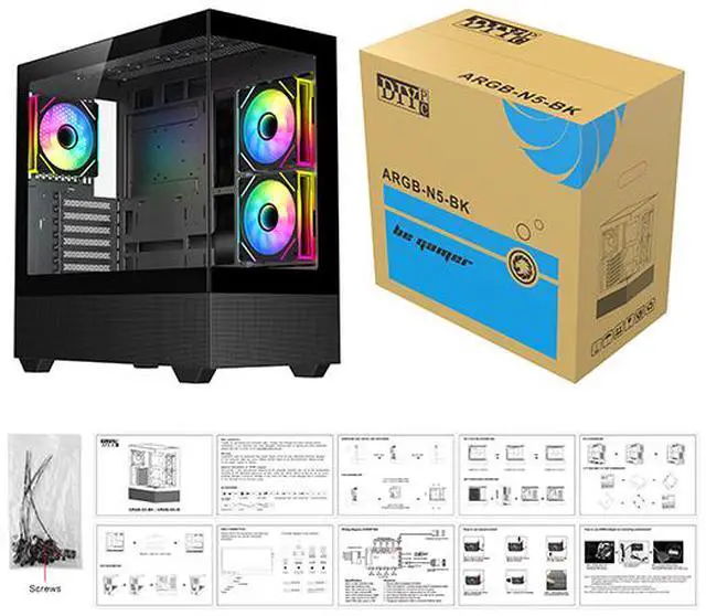 Alt view image 13 of 12 - DIYPC ARGB-N5-BK Black USB3.0 / Type C ATX Mid Tower Gaming Computer Case w/2 x Tempered Glass Side Panel and 3 x ARGB PWM Fans Pre-Installed, Support BTF Back Plug MB