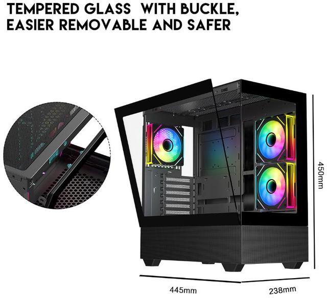 Alt view image 3 of 12 - DIYPC ARGB-N5-BK Black USB3.0 / Type C ATX Mid Tower Gaming Computer Case w/2 x Tempered Glass Side Panel and 3 x ARGB PWM Fans Pre-Installed, Support BTF Back Plug MB