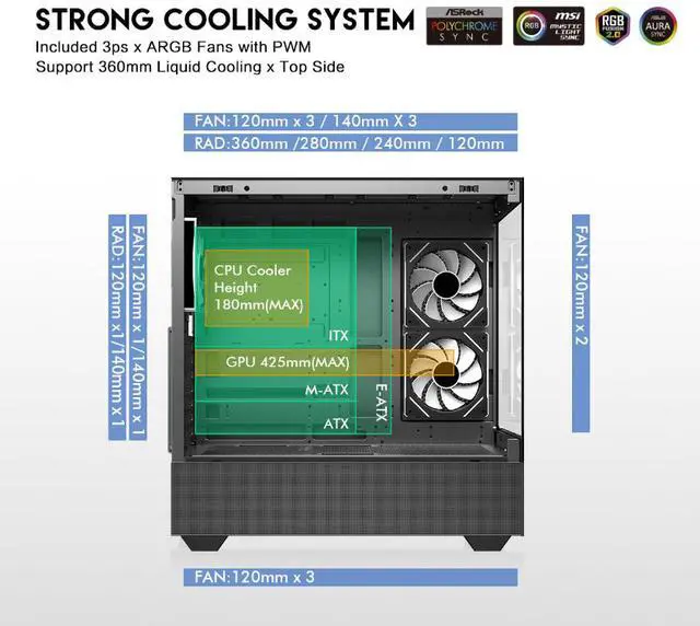 Alt view image 5 of 12 - DIYPC ARGB-N5-BK Black USB3.0 / Type C ATX Mid Tower Gaming Computer Case w/2 x Tempered Glass Side Panel and 3 x ARGB PWM Fans Pre-Installed, Support BTF Back Plug MB