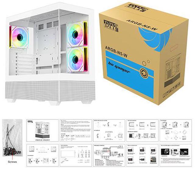Alt view image 13 of 12 - DIYPC ARGB-N5-W White USB3.0 / Type C ATX Mid Tower Gaming Computer Case w/2 x Tempered Glass Side Panel and 3 x ARGB PWM Fans Pre-Installed, Support BTF Back Plug MB