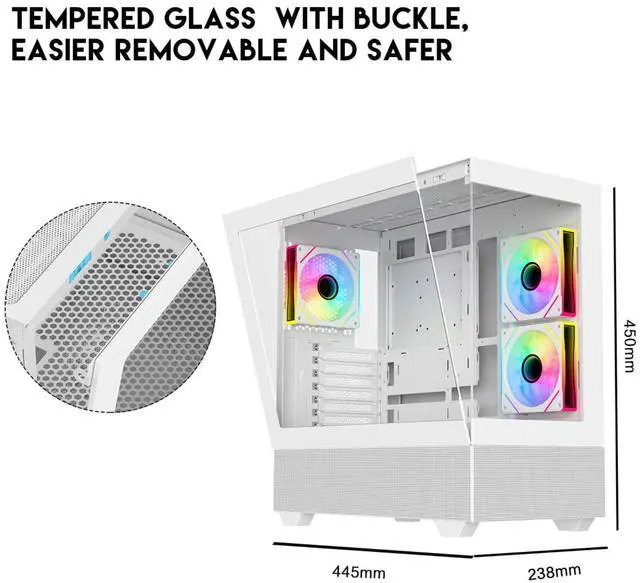 Alt view image 4 of 12 - DIYPC ARGB-N5-W White USB3.0 / Type C ATX Mid Tower Gaming Computer Case w/2 x Tempered Glass Side Panel and 3 x ARGB PWM Fans Pre-Installed, Support BTF Back Plug MB