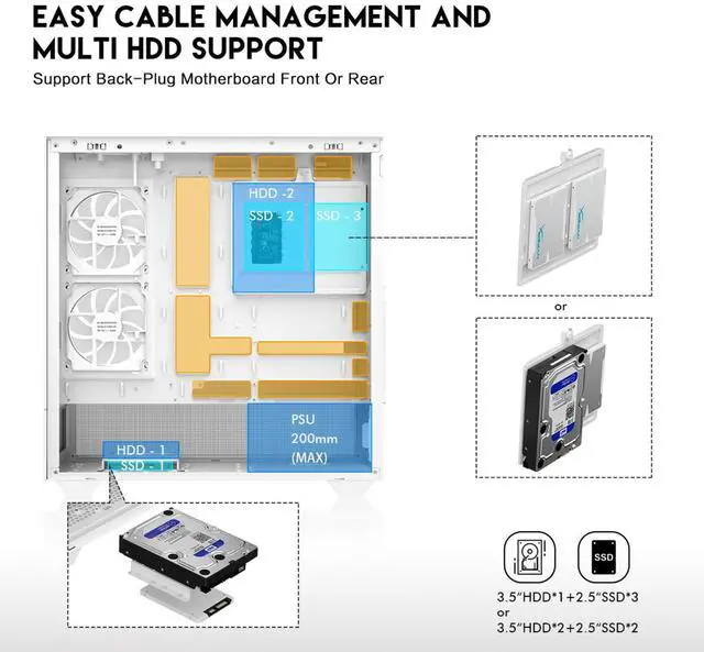 Alt view image 8 of 12 - DIYPC ARGB-N5-W White USB3.0 / Type C ATX Mid Tower Gaming Computer Case w/2 x Tempered Glass Side Panel and 3 x ARGB PWM Fans Pre-Installed, Support BTF Back Plug MB