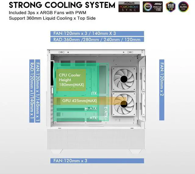 Alt view image 6 of 12 - DIYPC ARGB-N5-W White USB3.0 / Type C ATX Mid Tower Gaming Computer Case w/2 x Tempered Glass Side Panel and 3 x ARGB PWM Fans Pre-Installed, Support BTF Back Plug MB