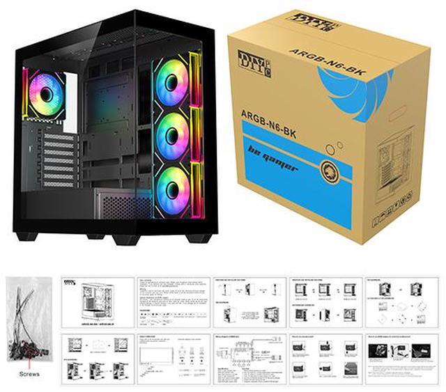 Alt view image 13 of 12 - DIYPC ARGB-N6-BK Black Dual USB3.0/ 1 xType C Tempered Glass ATX Gaming Computer Case w/ Dual Tempered Glass Panel and 4 x ARGB PWM Fans (Pre-Installed). Support  BTF Back Plug MB