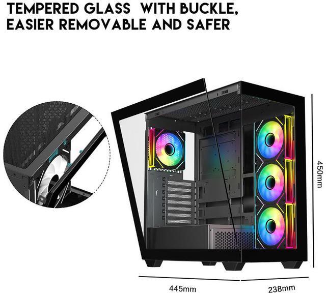 Alt view image 3 of 12 - DIYPC ARGB-N6-BK Black Dual USB3.0/ 1 xType C Tempered Glass ATX Gaming Computer Case w/ Dual Tempered Glass Panel and 4 x ARGB PWM Fans (Pre-Installed). Support  BTF Back Plug MB