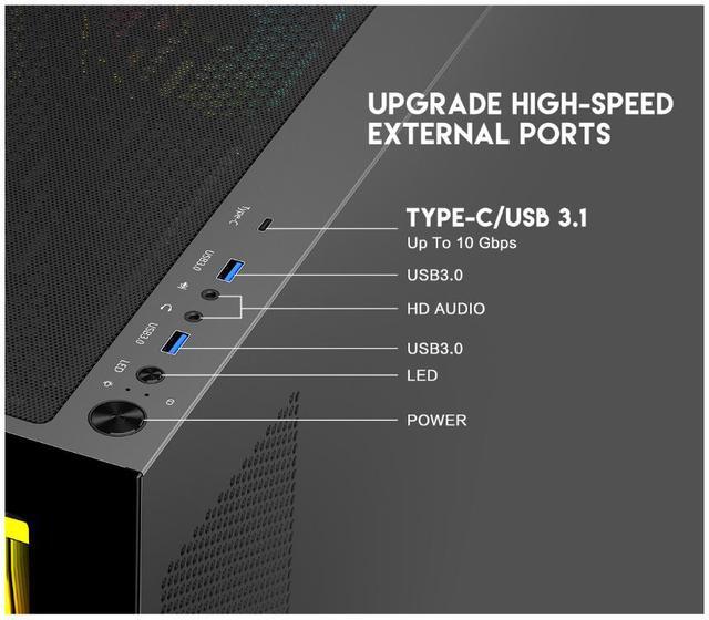 Alt view image 4 of 12 - DIYPC ARGB-N6-BK Black Dual USB3.0/ 1 xType C Tempered Glass ATX Gaming Computer Case w/ Dual Tempered Glass Panel and 4 x ARGB PWM Fans (Pre-Installed). Support  BTF Back Plug MB
