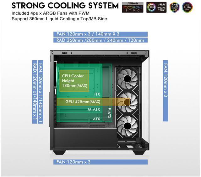 Alt view image 5 of 12 - DIYPC ARGB-N6-BK Black Dual USB3.0/ 1 xType C Tempered Glass ATX Gaming Computer Case w/ Dual Tempered Glass Panel and 4 x ARGB PWM Fans (Pre-Installed). Support  BTF Back Plug MB