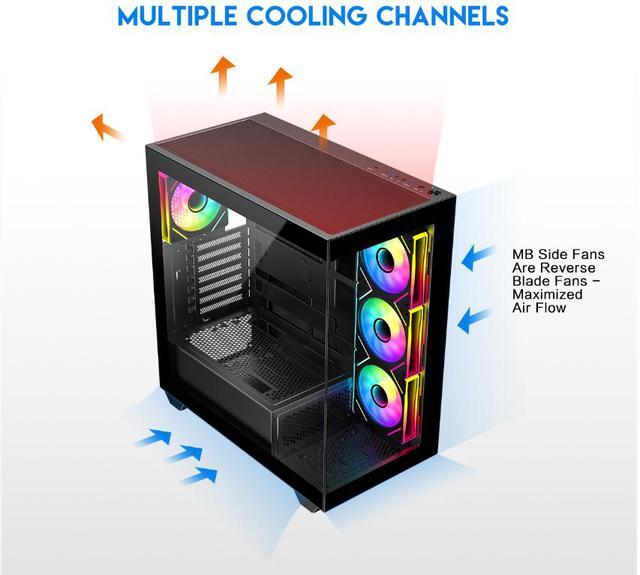 Alt view image 7 of 12 - DIYPC ARGB-N6-BK Black Dual USB3.0/ 1 xType C Tempered Glass ATX Gaming Computer Case w/ Dual Tempered Glass Panel and 4 x ARGB PWM Fans (Pre-Installed). Support  BTF Back Plug MB