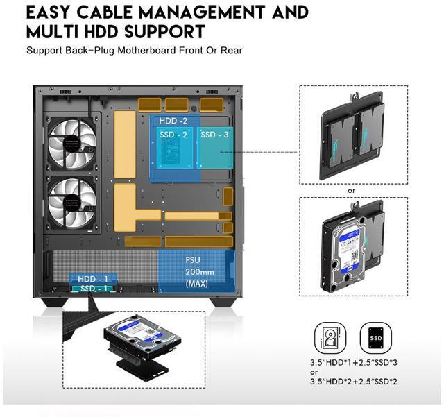 Alt view image 6 of 12 - DIYPC ARGB-N6-BK Black Dual USB3.0/ 1 xType C Tempered Glass ATX Gaming Computer Case w/ Dual Tempered Glass Panel and 4 x ARGB PWM Fans (Pre-Installed). Support  BTF Back Plug MB