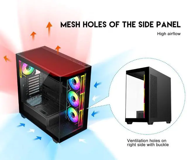 Alt view image 8 of 12 - DIYPC ARGB-N6-BK Black Dual USB3.0/ 1 xType C Tempered Glass ATX Gaming Computer Case w/ Dual Tempered Glass Panel and 4 x ARGB PWM Fans (Pre-Installed). Support  BTF Back Plug MB