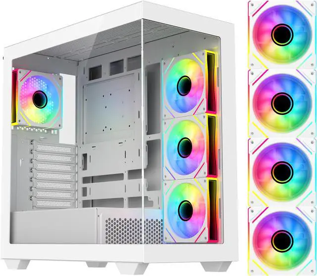 Main image of DIYPC ARGB-N6-W White Dual USB3.0/ 1 xType C Tempered Glass ATX Gaming Computer Case w/ Dual Tempered Glass Panel and 4 x ARGB PWM Fans (Pre-Installed). Support  BTF Back Plug MB