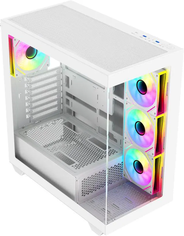 Alt view image 9 of 12 - DIYPC ARGB-N6-W White Dual USB3.0/ 1 xType C Tempered Glass ATX Gaming Computer Case w/ Dual Tempered Glass Panel and 4 x ARGB PWM Fans (Pre-Installed). Support  BTF Back Plug MB