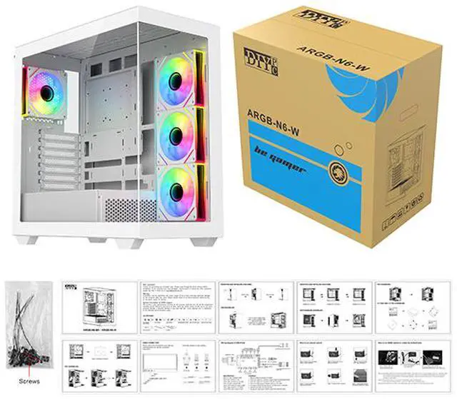 Alt view image 13 of 12 - DIYPC ARGB-N6-W White Dual USB3.0/ 1 xType C Tempered Glass ATX Gaming Computer Case w/ Dual Tempered Glass Panel and 4 x ARGB PWM Fans (Pre-Installed). Support  BTF Back Plug MB