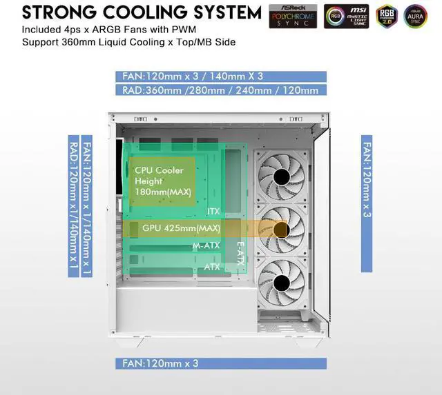Alt view image 5 of 12 - DIYPC ARGB-N6-W White Dual USB3.0/ 1 xType C Tempered Glass ATX Gaming Computer Case w/ Dual Tempered Glass Panel and 4 x ARGB PWM Fans (Pre-Installed). Support  BTF Back Plug MB