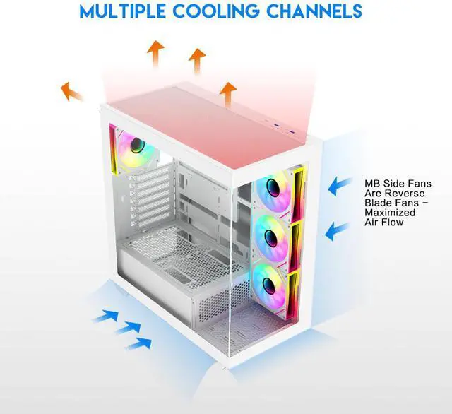 Alt view image 6 of 12 - DIYPC ARGB-N6-W White Dual USB3.0/ 1 xType C Tempered Glass ATX Gaming Computer Case w/ Dual Tempered Glass Panel and 4 x ARGB PWM Fans (Pre-Installed). Support  BTF Back Plug MB