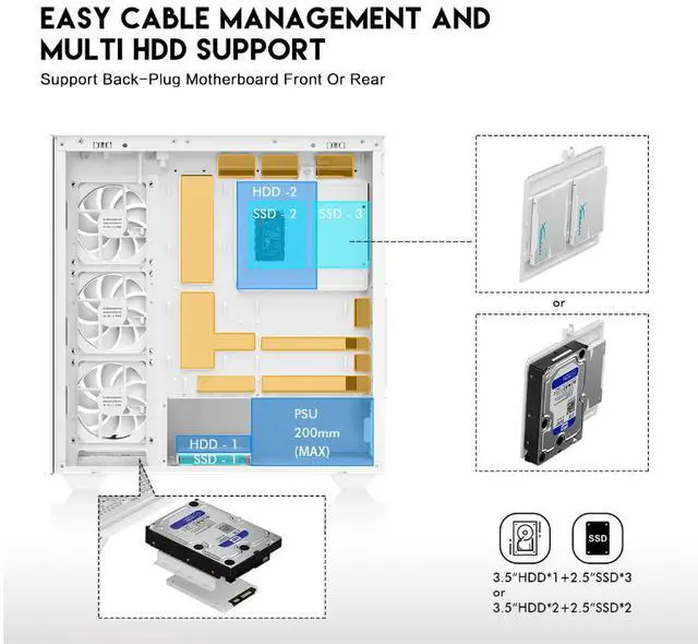Alt view image 7 of 12 - DIYPC ARGB-N6-W White Dual USB3.0/ 1 xType C Tempered Glass ATX Gaming Computer Case w/ Dual Tempered Glass Panel and 4 x ARGB PWM Fans (Pre-Installed). Support  BTF Back Plug MB