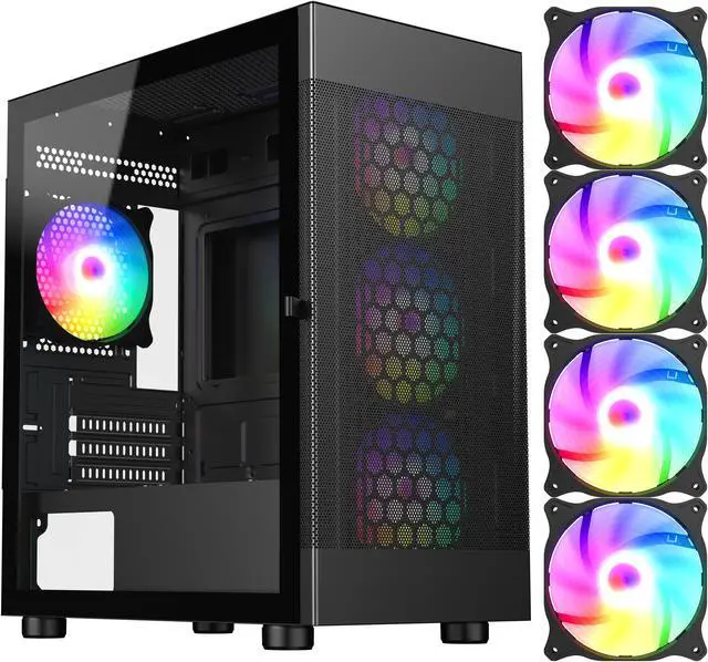 Main image of DIYPC ARGB-G5-BK Black USB3.0 Tempered Glass Micro ATX Gaming Computer Case w/ 4 x ARGB Fans (Pre-Installed), Support 360mm AIO