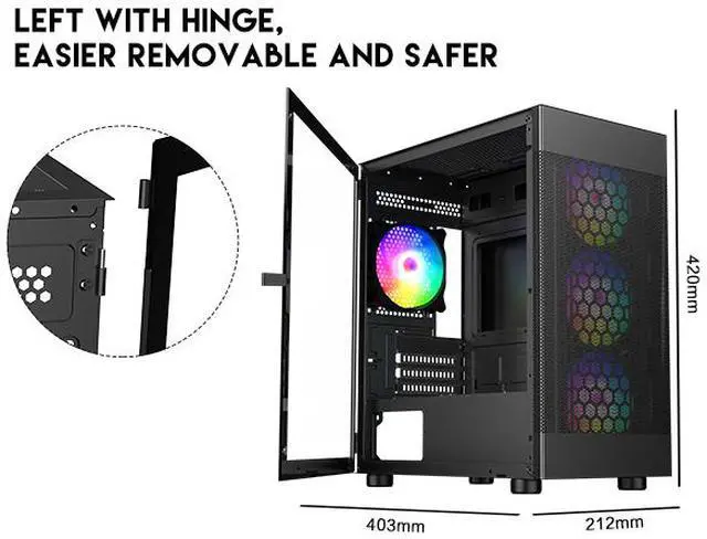 Alt view image 3 of 14 - DIYPC ARGB-G5-BK Black USB3.0 Tempered Glass Micro ATX Gaming Computer Case w/ 4 x ARGB Fans (Pre-Installed), Support 360mm AIO