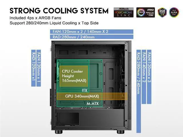 Alt view image 5 of 14 - DIYPC ARGB-G5-BK Black USB3.0 Tempered Glass Micro ATX Gaming Computer Case w/ 4 x ARGB Fans (Pre-Installed), Support 360mm AIO