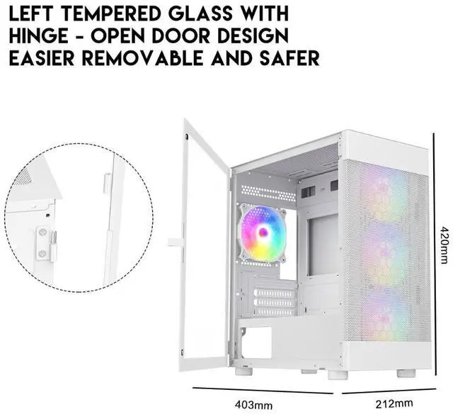 Alt view image 2 of 11 - DIYPC ARGB-G5-W White USB3.0Tempered Glass Micro ATX Gaming Computer Case w/  4 x ARGB Fans (Pre-Installed), Support 360mm AIO