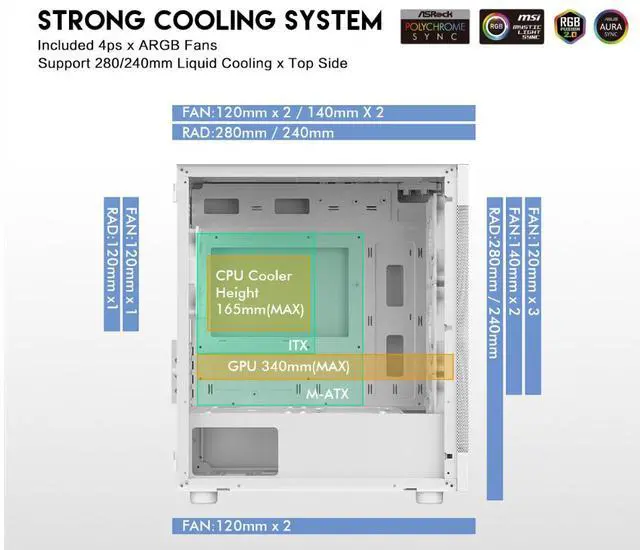 Alt view image 4 of 11 - DIYPC ARGB-G5-W White USB3.0Tempered Glass Micro ATX Gaming Computer Case w/  4 x ARGB Fans (Pre-Installed), Support 360mm AIO