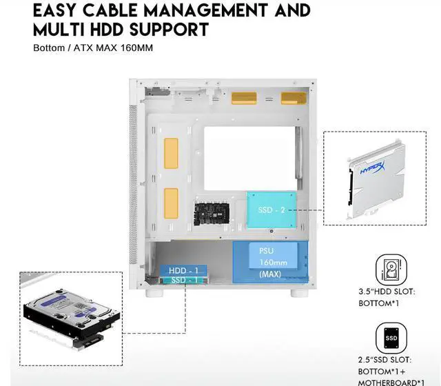 Alt view image 5 of 11 - DIYPC ARGB-G5-W White USB3.0Tempered Glass Micro ATX Gaming Computer Case w/  4 x ARGB Fans (Pre-Installed), Support 360mm AIO