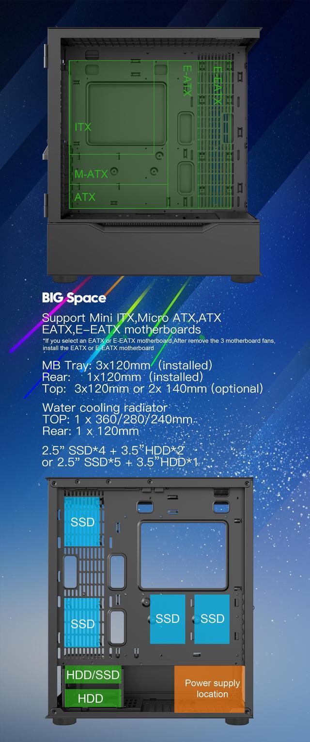 Alt view image 10 of 11 - DIYPC ARGB-Q18.V2-BK Black USB3.0 ATX Mid Tower Gaming Computer Case w/ Dual Tempered Glass Panel and 4 x ARGB 120mm Fans (Pre-Installed)