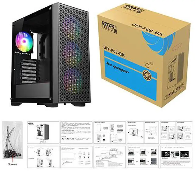 Alt view image 8 of 8 - DIYPC DIY-F08-BK Black USB3.0 Tempered Glass ATX Gaming Computer Case w/ 4 x ARGB 120mm Fans (Pre-Installed)
