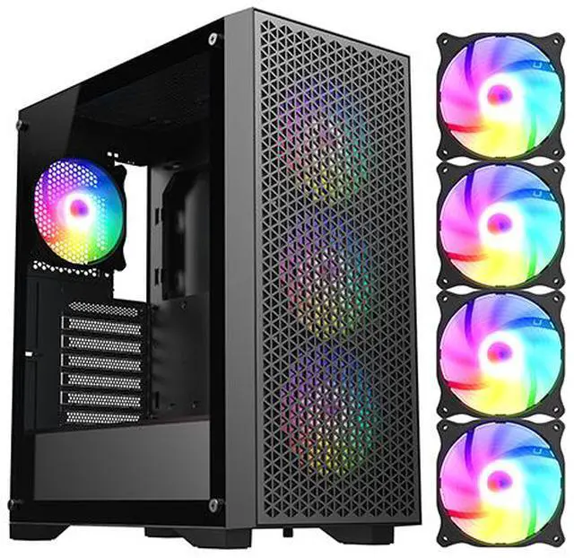 Main image of DIYPC DIY-F08-BK Black USB3.0 Tempered Glass ATX Gaming Computer Case w/ 4 x ARGB 120mm Fans (Pre-Installed)