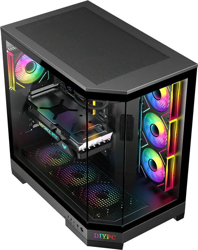 Alt view image 3 of 12 - DIYPC  Vanguard-F1-BK -Black Dual USB3.0 and Type C Tempered Glass ATX Full Tower Gaming Computer Case w/ 4 x ARGB PWM Fans (3 x MB Side, 1 x Rear) Pre-Installed.