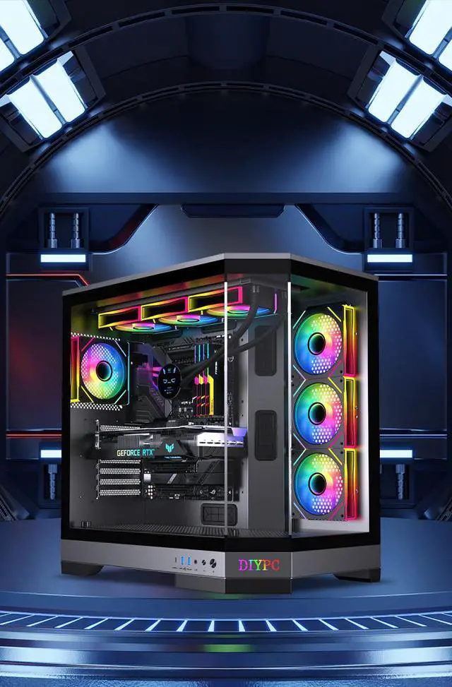 Alt view image 8 of 12 - DIYPC  Vanguard-F1-BK -Black Dual USB3.0 and Type C Tempered Glass ATX Full Tower Gaming Computer Case w/ 4 x ARGB PWM Fans (3 x MB Side, 1 x Rear) Pre-Installed.