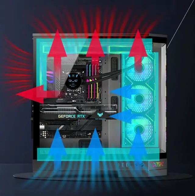 Alt view image 6 of 12 - DIYPC  Vanguard-F1-BK -Black Dual USB3.0 and Type C Tempered Glass ATX Full Tower Gaming Computer Case w/ 4 x ARGB PWM Fans (3 x MB Side, 1 x Rear) Pre-Installed.