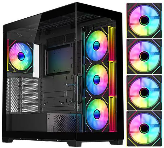 Main image of DIYPC  Vanguard-F2-BK -Black Dual USB3.0 and Type C Tempered Glass ATX Full Tower Gaming Computer Case w/ 4 x 140mm ARGB PWM Fans (3 x MB Side, 1 x Rear) Pre-Installed. Support BTF Back Plug MB.