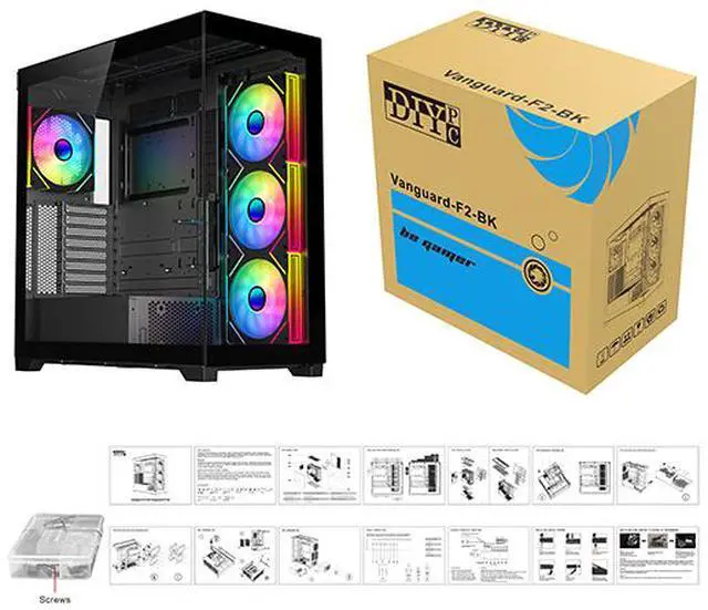 Alt view image 15 of 15 - DIYPC  Vanguard-F2-BK -Black Dual USB3.0 and Type C Tempered Glass ATX Full Tower Gaming Computer Case w/ 4 x 140mm ARGB PWM Fans (3 x MB Side, 1 x Rear) Pre-Installed. Support BTF Back Plug MB.