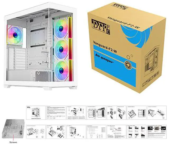 Alt view image 14 of 14 - DIYPC  Vanguard-F2-W -White Dual USB3.0 and Type C Tempered Glass ATX Full Tower Gaming Computer Case w/ 4 x 140mm ARGB PWM Fans (3 x MB Side, 1 x Rear) Pre-Installed. Support BTF Back Plug MB.