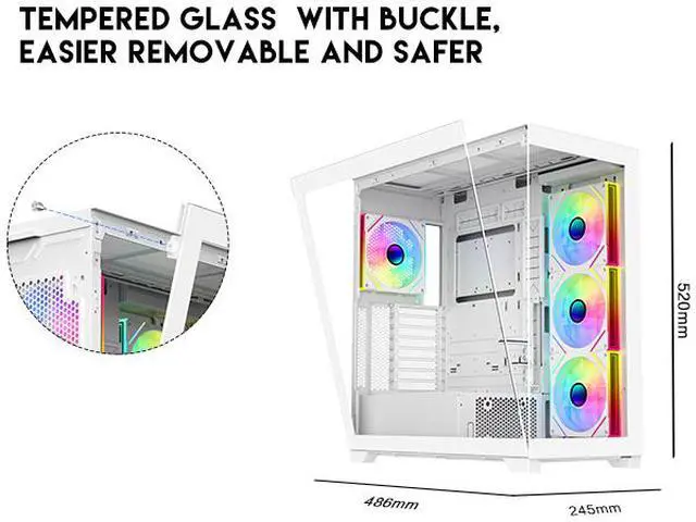 Alt view image 2 of 14 - DIYPC  Vanguard-F2-W -White Dual USB3.0 and Type C Tempered Glass ATX Full Tower Gaming Computer Case w/ 4 x 140mm ARGB PWM Fans (3 x MB Side, 1 x Rear) Pre-Installed. Support BTF Back Plug MB.