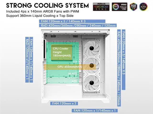 Alt view image 5 of 14 - DIYPC  Vanguard-F2-W -White Dual USB3.0 and Type C Tempered Glass ATX Full Tower Gaming Computer Case w/ 4 x 140mm ARGB PWM Fans (3 x MB Side, 1 x Rear) Pre-Installed. Support BTF Back Plug MB.