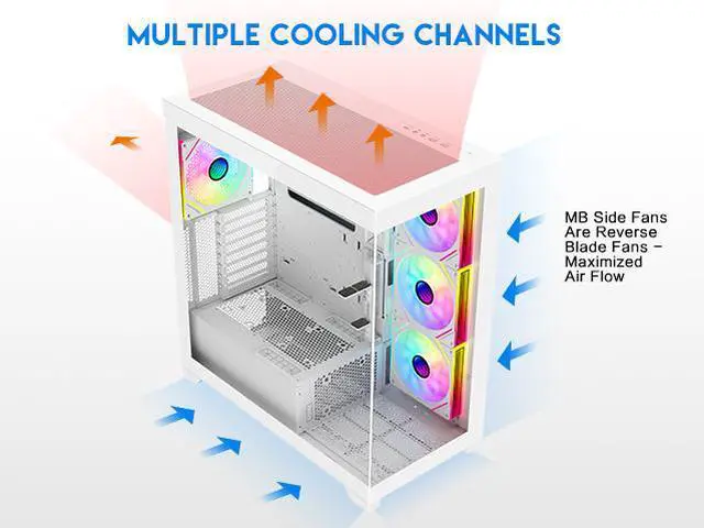 Alt view image 6 of 14 - DIYPC  Vanguard-F2-W -White Dual USB3.0 and Type C Tempered Glass ATX Full Tower Gaming Computer Case w/ 4 x 140mm ARGB PWM Fans (3 x MB Side, 1 x Rear) Pre-Installed. Support BTF Back Plug MB.