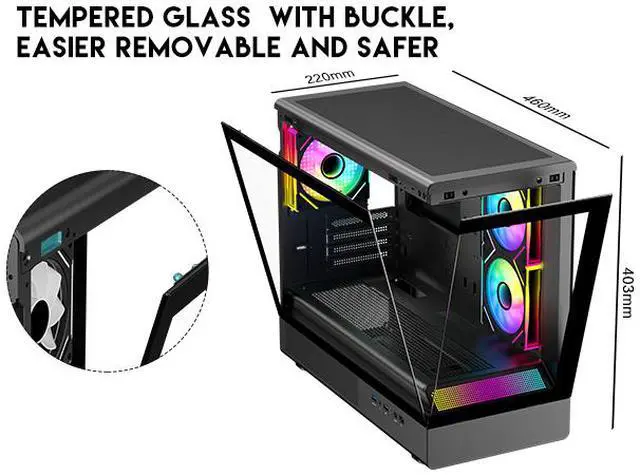 Alt view image 4 of 15 - DIYPC ARGB-M1-BK Black USB3.0 Tempered Glass Micro ATX Gaming Computer Case w/ Dual Tempered Glass Panel and 3 x ARGB PWM Fans (Pre-Installed)