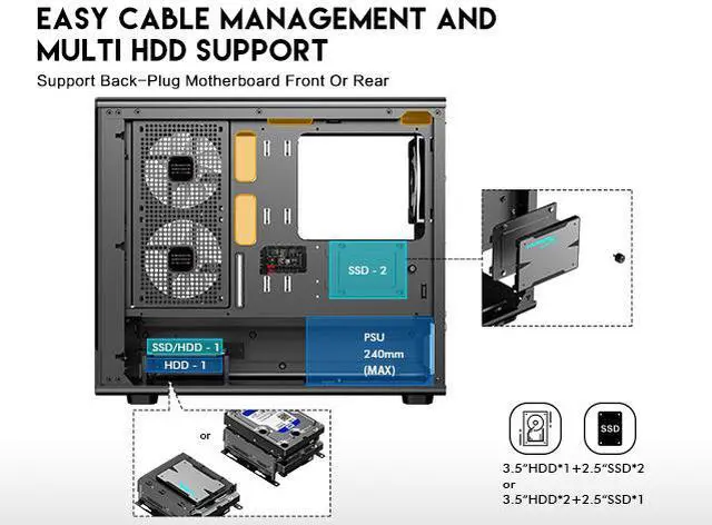 Alt view image 8 of 15 - DIYPC ARGB-M1-BK Black USB3.0 Tempered Glass Micro ATX Gaming Computer Case w/ Dual Tempered Glass Panel and 3 x ARGB PWM Fans (Pre-Installed)