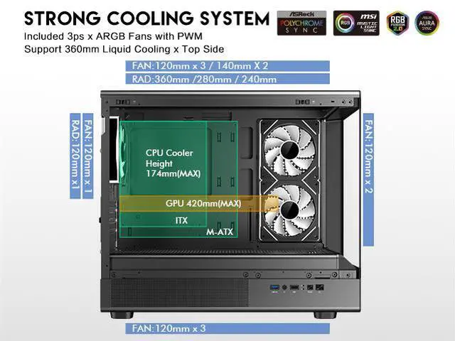 Alt view image 6 of 15 - DIYPC ARGB-M1-BK Black USB3.0 Tempered Glass Micro ATX Gaming Computer Case w/ Dual Tempered Glass Panel and 3 x ARGB PWM Fans (Pre-Installed)