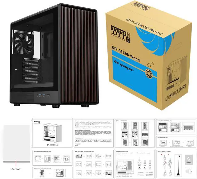 Alt view image 14 of 14 - DIYPC DIY-ATX08-Wood Black USB3.0 /Type C ATX Mid Tower Gaming Computer Case w/ Tempered Glass Side Panel and Walnut Wood Front Panel, 4 x 120mm PWM Fans Pre-Installed