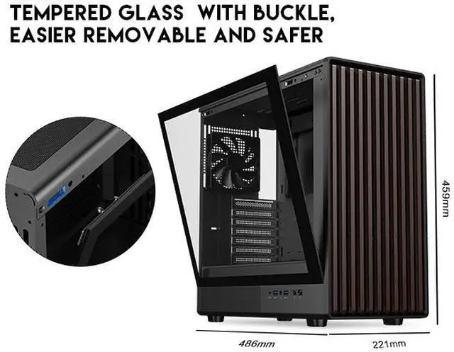 Alt view image 2 of 14 - DIYPC DIY-ATX08-Wood Black USB3.0 /Type C ATX Mid Tower Gaming Computer Case w/ Tempered Glass Side Panel and Walnut Wood Front Panel, 4 x 120mm PWM Fans Pre-Installed