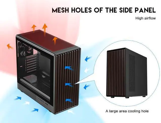 Alt view image 8 of 14 - DIYPC DIY-ATX08-Wood Black USB3.0 /Type C ATX Mid Tower Gaming Computer Case w/ Tempered Glass Side Panel and Walnut Wood Front Panel, 4 x 120mm PWM Fans Pre-Installed