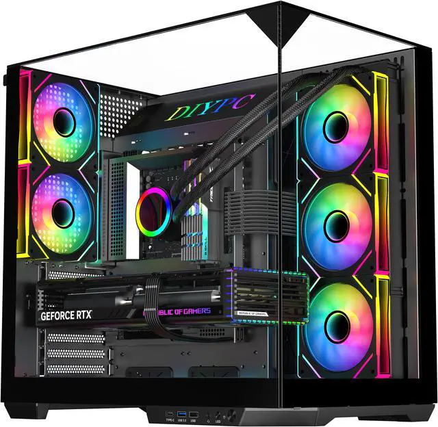 Alt view image 16 of 16 - DIYPC  ARGB-DC800-BK Black Dual USB3.0 and Type C Tempered Glass ATX Mid Tower Gaming Computer Case w/ 5 x ARGB PWM Fans (3 x MB Side, 2 x Rear) Pre-Installed. Support BTF Back Plug MB