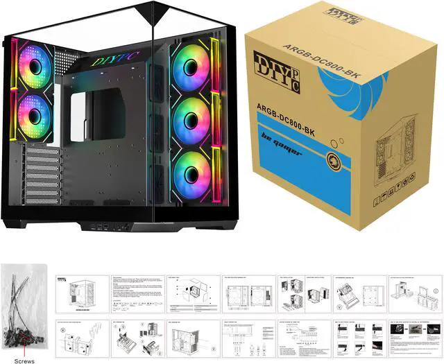 Alt view image 17 of 16 - DIYPC  ARGB-DC800-BK Black Dual USB3.0 and Type C Tempered Glass ATX Mid Tower Gaming Computer Case w/ 5 x ARGB PWM Fans (3 x MB Side, 2 x Rear) Pre-Installed. Support BTF Back Plug MB